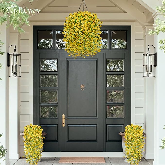 Artificial Hanging Flowers for Outdoors Spring Summer Decoration, 8PCS UV Resistant Silk Fake Hanging Plants for Patio Porch Front Yard Window Garden Indoor Decor(Yellow,8PCS)