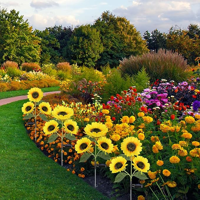 Meagoo Solar Sunflower Lights, 800mA Solar Garden Light with Real Looking Flowers Outdoor Waterproof Solar Stake Lights for Back Yard, Flower Bed, Pathway, Patio, Porch, Fall Decoration (4 Pack)