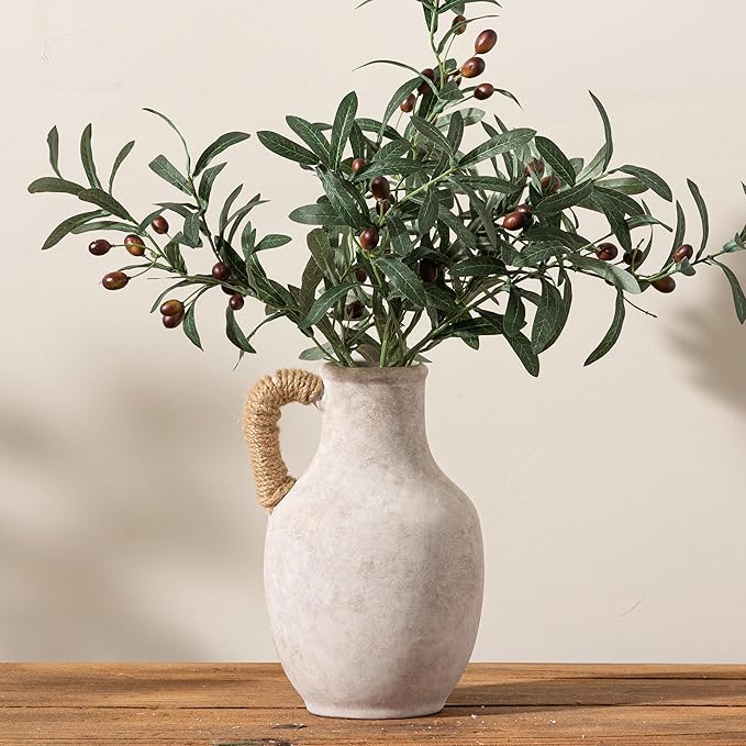 Ceramic Flower Vase Home Decor - 10 Inch Large White Rustic Table Flowers Vases Living Room Bedroom Plant Decorations Farmhouse Vintage for Kitchen Shelf Office Coffee Dining Desk House Women