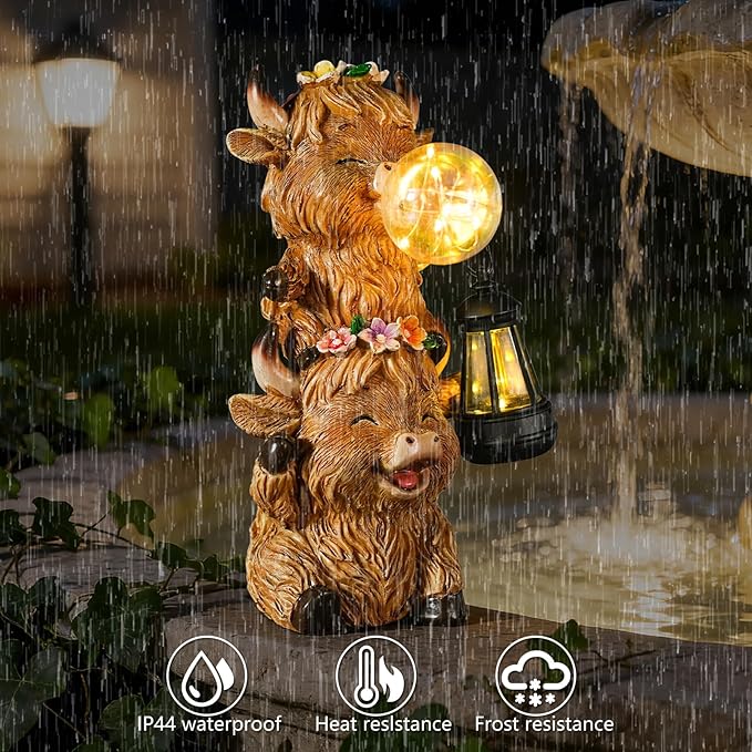 Joint Honglin Solar Highland Cow Garden Statue with LED Lights, Cute Resin Outdoor Decor with Glowing Lantern & Light-Up Bubble, Waterproof Solar Yard Ornament for Lawn, Patio & Garden (Brown Cow)