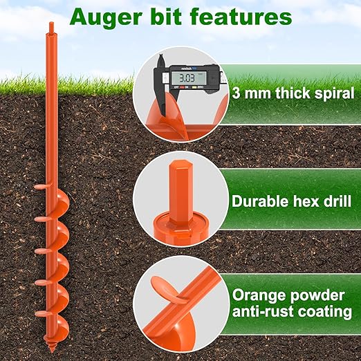 Insaga Auger Drill Bit for Planting 3''x32'' Garden Earth Auger 3mm Thicker Drill Augers for Digging Holes Heavy Duty Auger Post Hole Digger for Bulb, Flowers, Plants - Fits 3/8" Hex Drive Drill