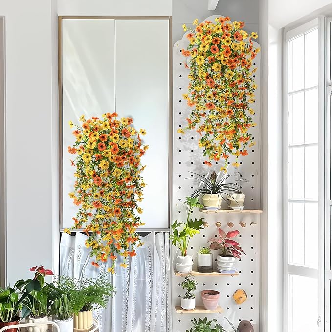 Artificial Hanging Flowers Plants for Outdoor Spring Summer Decoration,2PCS Faux Silk Daisy UV Resistant Look Real for Outside Home Indoor Planter Porch Garden Yard Decor(Yellow Orange)