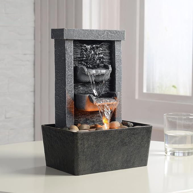 GOSSI Indoor Waterfall Fountain, 10.3" Tabletop Water Fountain with LED Lights & River Rocks, Relaxing Home Office Decor
