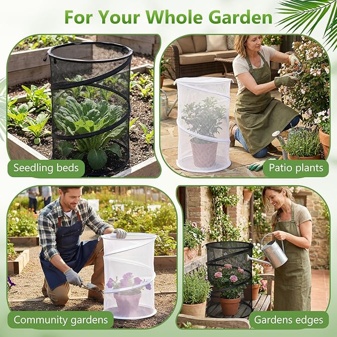 5 Pack Pop Up Insect Barrier Plant Cover, 20''H x 13''D Pop Up Fine Mesh Plant Protector with 24 Stakes 36 Labels Carry Bags, Pop Up Guard Plant Cover Tents for Vegetables Flowers, Black & White