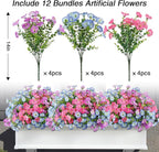 12PCS Artificial Flowers for Outdoor Decorations, Realistic Faux Silk Petunia Flowers for Outside, Fake Plants Morning Glory with Eucalyptus Porch Patio Planters Window Boxes Decor