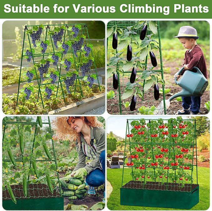 Tidponra Cucumber Trellis for Garden, 50 x 54 Inches A Frame Gardening Trellis with Fabric Raised Garden Bed, Climbing Net and Plant Support Clips for Climbing Plants
