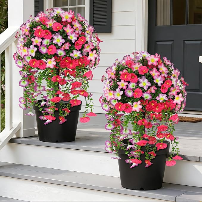 Grooy Artificial Plants Flowers Topiary Ball for Outdoor, 2 Pack Fake Silk Morning Glory Plant Bushes, UV Resistant Realistic Plants Shurbs for Outside,Front Porch,Patio,Yard(Pink)