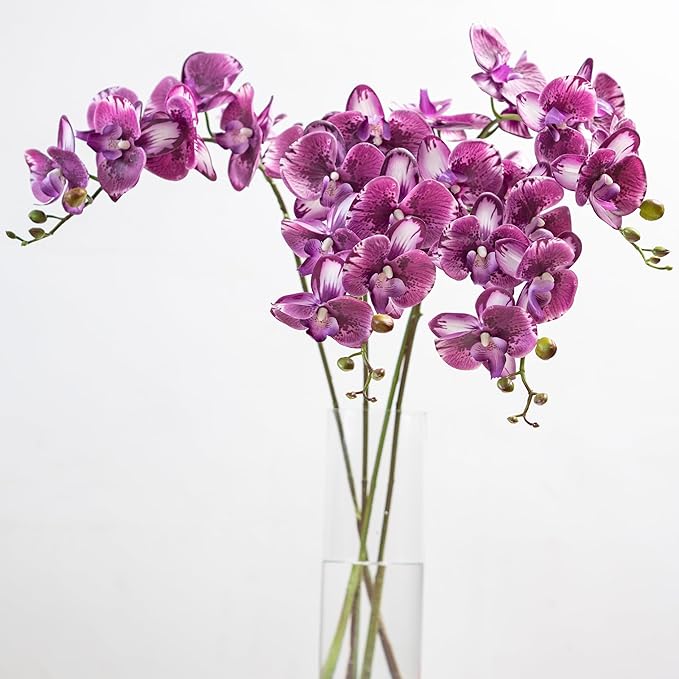 DUYONE 35 Inch Artificial Butterfly Orchid Flowers 4 Pcs Soft Touch Orchid Fake Phalaenopsis Flowers Stem Plants for Wedding Home Decoration (Deep Purple 4pcs)