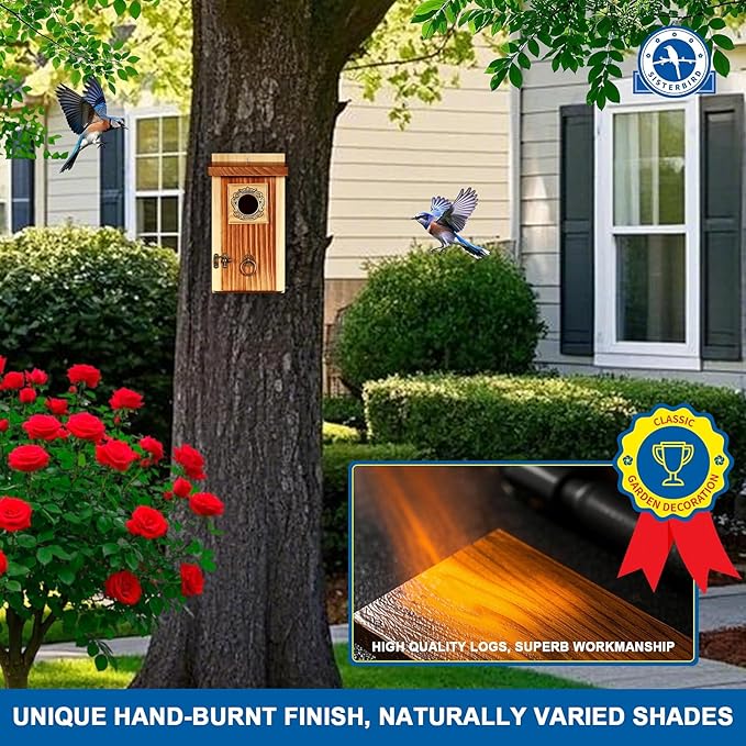 SISTERBIRD Premium Pack of 2 Bluebird Houses for Outside, Garden Bird Houses for Outdoor, Vintage Metal Predator Guard, Birdhouse Gift, Weatherproof Coating Bird Nesting, Assembly Required