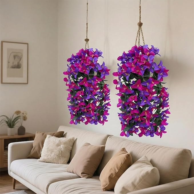 Artificial Flowers for Outdoors Fake Purple Fuchsia Bougainvillea Hanging Flower Decoration, 2Pcs Realistic Faux Silk Plants Long Trailing Vines, Spring Decor for Porch Patio Balcony Planter Yard