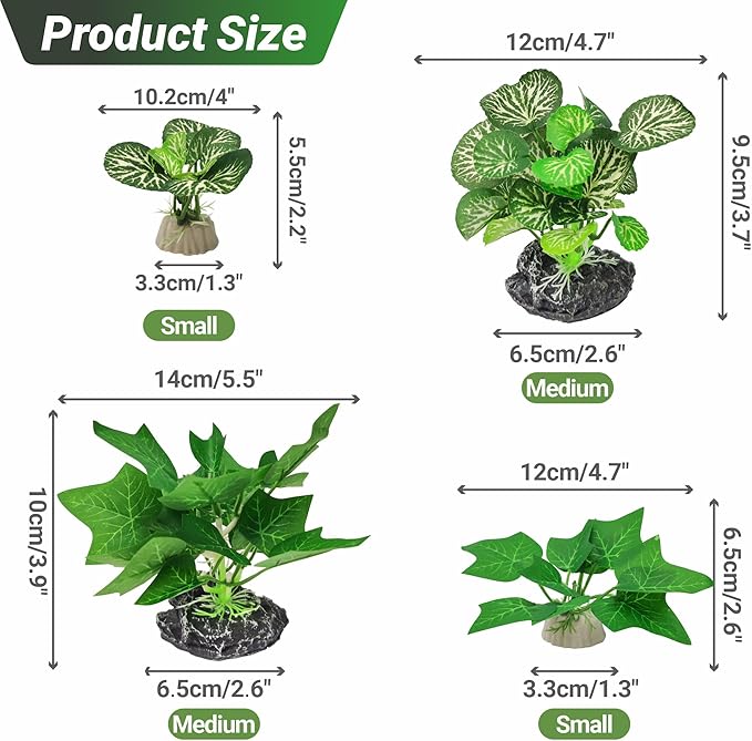 GOZILLA Silk Fish Tank Plants,Reptile Artificial Plant,Reptile Plants for Terrarium,Aquarium Decorations Accessories Set,Resin Pedestal Silk Aquarium Plant for Fish Tank.(4PCS/B-Set)