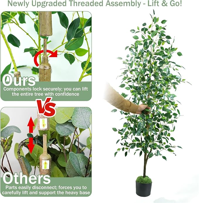 Fake Ficus Tree 6FT, Artificial Tree with Pot for Indoor Outdoor, Lifelike Faux Floor Plants with Moss Topper and Cotton Basket, Home Office Living Room Bedroom Doorway Hallway Decor