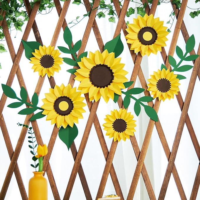 15pcs Sunflower Wall Decor, Paper Flower for Wall with 3D Artificial Flowers Yellow Bulletin Board Decoration Large Paper Flower for Background for Living Room Office Garden Wedding.