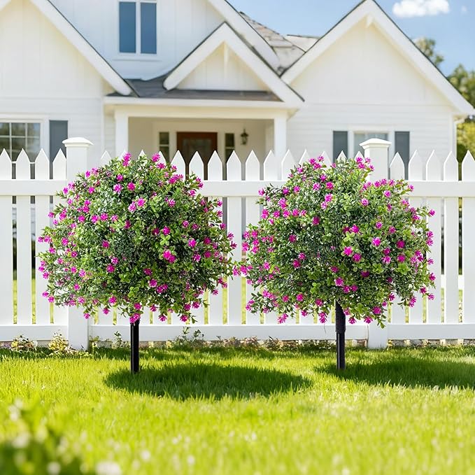 Bailikang 2PCS Artificial Rose Boxwood Topiary Ball Bush with Ground Spike Fake Evergreen Shrubs Bushes Plants UV Resistant Faux Greenery Shrubs, Fake Rose&Green Boxwood Plants for Garden, Yard, Porch