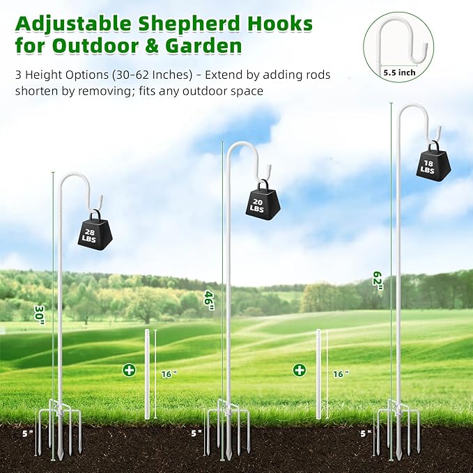 62" White Shepherds Hooks for Outdoor, Bird Feeder Pole with 5 Prong Base, Adjustable Height Shepherds Hook for Hummingbird Feeder, Bird Feeder, Lightweight Plant, Wind Chimes, Lanterns (1 Pack)