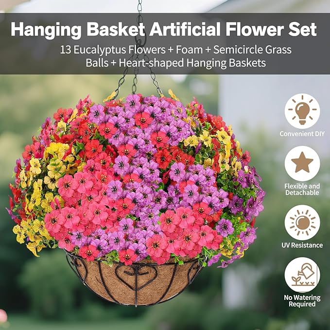 2 Sets Artificial Hanging Flower for Outdoors, Fake Hanging Basket for Outside,2 Hanging Basket with 26 Pcs Faux Silk Flowers for Porch, Balcony and Patio Decor(Mixed)