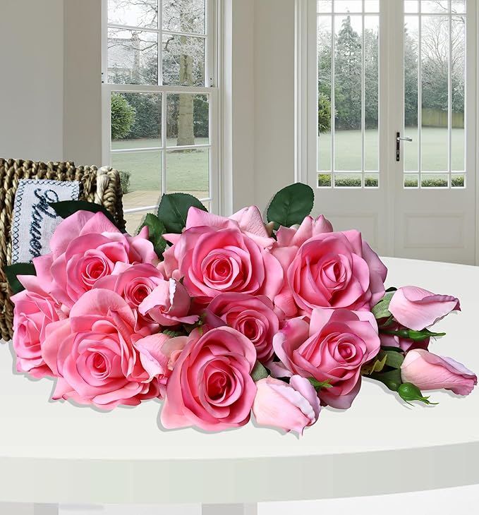 Pink Roses Artificial Flowers Indoor,Realistic Fake Flowers 5 Bouquets (15 Heads) for Living Room Decor,Real Touch Fake Plants for Bathroom Kitchen Office Wedding Table Shower Decor (No Vase)