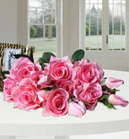 Pink Roses Artificial Flowers Indoor,Realistic Fake Flowers 5 Bouquets (15 Heads) for Living Room Decor,Real Touch Fake Plants for Bathroom Kitchen Office Wedding Table Shower Decor (No Vase)