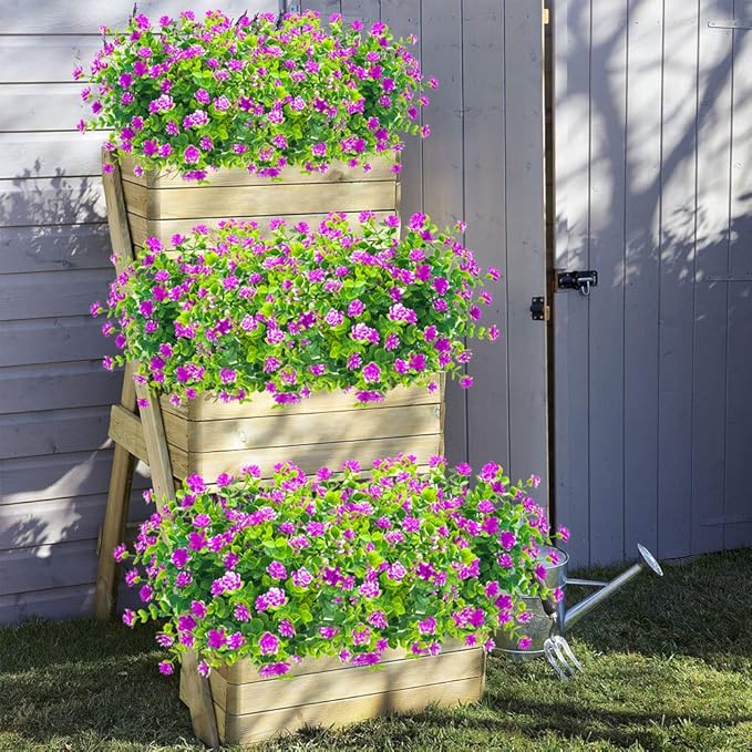 Grunyia 10 Bundles Artificial Fake Flowers, Faux Outdoor Plastic Plants UV Resistant Shrubs Outside Indoor Decorations (Purple-Eucalyptus)