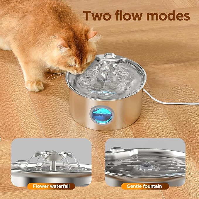 Pet Water Fountain Stainless Steel: Cat Fountain with 8 Filters & 8 Sponges | 88oz/2.6L Automatic Cat Watering Dispenser Bowl with Water Level Window - IHOUONE Quiet Fountains for Cats & Dogs Owners