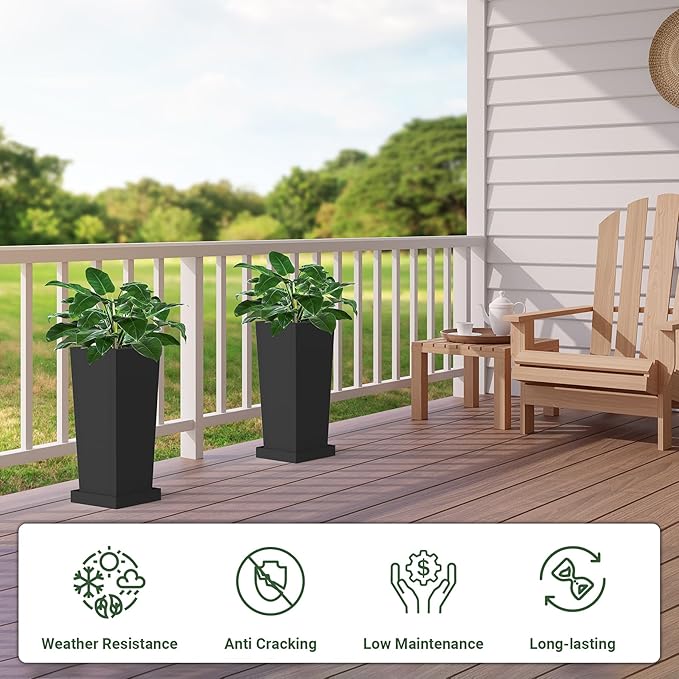 Metal Tall Planters 18 inch Set of 2, Durable Taper Planter with Drainage Holes & Rust-Proof Coating & Trays for Outdoor Indoor Garden Patio Front Door (Black)