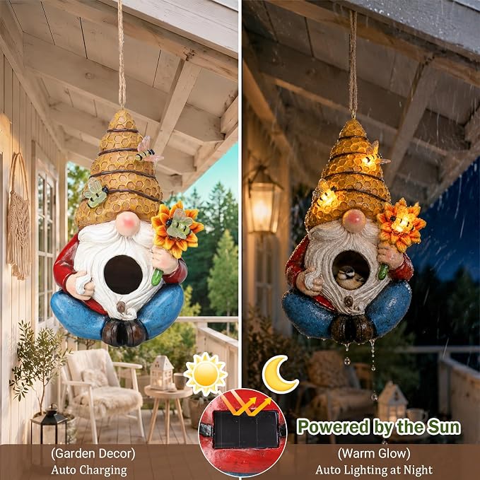 Bird House for Outside, Birdhouses for Outdoors, Decorative Bird Houses, Hanging Funny Bee Solar Gnome Birdhouse for Outside Cardinal Bluebird Wild Birds