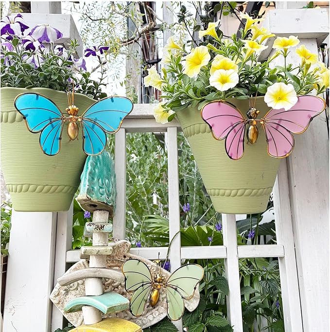 Decorative Metal Butterfly, Colorful Plant Decoration for Pot,Planter,Garden Fence, Wall,Hanging Ornament, 3-Piece Set