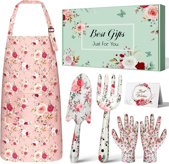 Gardening Gifts for Women, Gardening Tools for Mom Grandma Wife, Garden Tools with Hand Fork Trowel Gloves Apron, Gardening Supplies Kit Birthday Present Pink