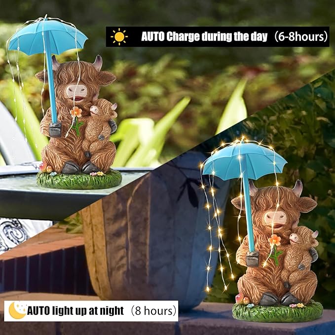 Joint Honglin Solar Garden Statues Resin Loving Highland Cow Umbrella Lights Outdoor Decor Gifts for Yard, Patio Decorations