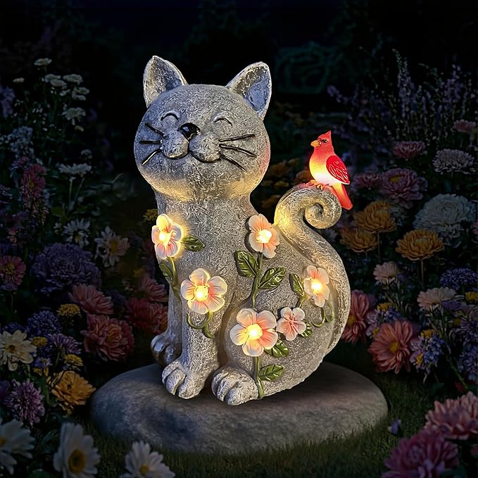 Solar Cat Garden Statue with LED Lights, Waterproof Resin Cat Figurine with Red Bird, Outdoor Decor for Patio, Lawn, Yard, Balcony, – Gift for Mom, Grandma & Cat Lovers