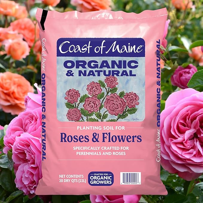 Coast of Maine Organic & Natural Planting Soil for Roses & Flowers - Premium Garden Soil w/ Composted Manure, Sphagnum Peat Moss for Multi Use In Ground & Containers - Enhanced Drainage (20 Qt)