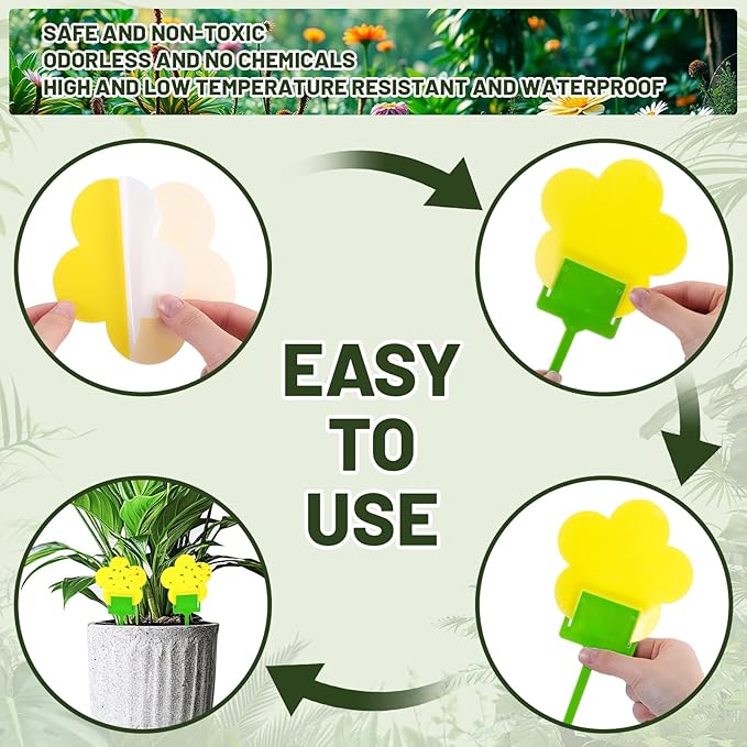 Qualirey 100 Pcs Fungus Gnat Traps Yellow Flower Shaped Plant Sticky Insect Traps Double Sided Bug Killer Fruit Fly Fungus Gnat Catcher with Green Stakes for Summer Indoor Outdoor Plants Kid Pet Safe