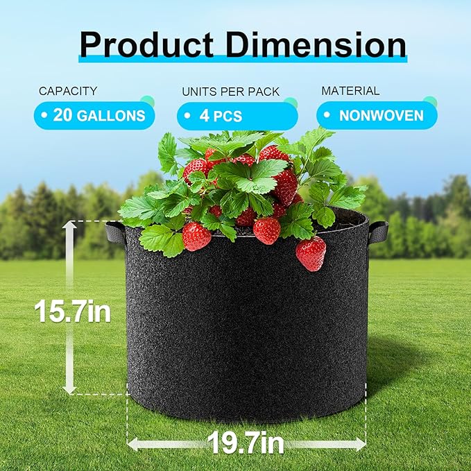 Land Guard 4-Pack Fabric Grow Bags 20 Gallon, Thickened Nonwoven Garden Pots, Growing Bags with Handles, Black