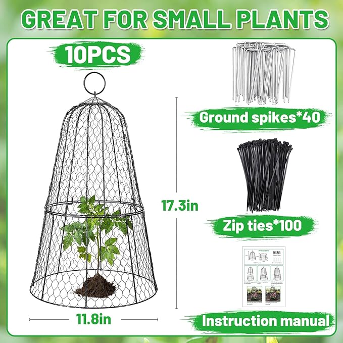 Alphatool Cloche Plant Protectors from Animals - 17.3" Hx11.8 D Chicken Wire Plant Covers with Removable Flip-Top Design, Rustproof Metal Garden Cloches Keep Rabbits, Squirrels, Birds Out - 10 Pack
