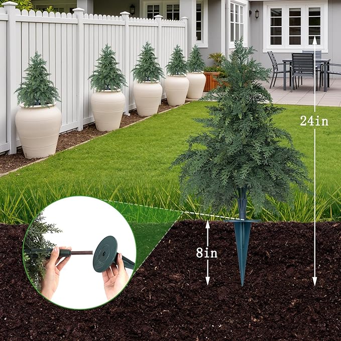 Yangrass 2 Pack 24" Cypress Topiary Trees Artificial Outdoor with Ground Spike, UV Resistant Fake Shrubs Bushes Faux Cedar Pines Trees, Real Touch Faux Evergreen Plants for Home Front Porch Garden