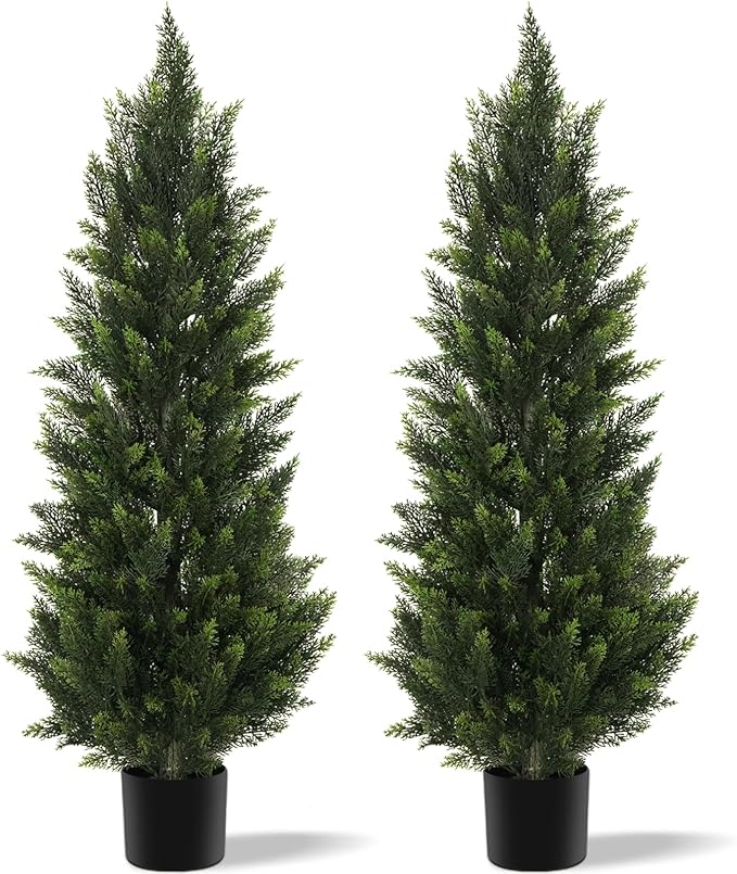 Vitalismo Outdoor Artificial Cedar Topiary Tree, Faux Evergreen Shrubs for Front Porch Decor, Lifelike Fake Bushes Plants for Home Living Room Front Door Decor (2, 4ft)