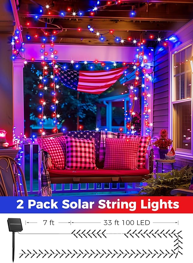Minetom Red White Blue Lights, 2Pack Total 200 LED 80FT 4th of July Patriotic Lights 8 Modes, Waterproof Solar String Lights Outdoor,Solar String Lights for Outside Independence Day Memorial Day Decor