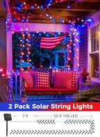 Minetom Red White Blue Lights, 2Pack Total 200 LED 80FT 4th of July Patriotic Lights 8 Modes, Waterproof Solar String Lights Outdoor,Solar String Lights for Outside Independence Day Memorial Day Decor