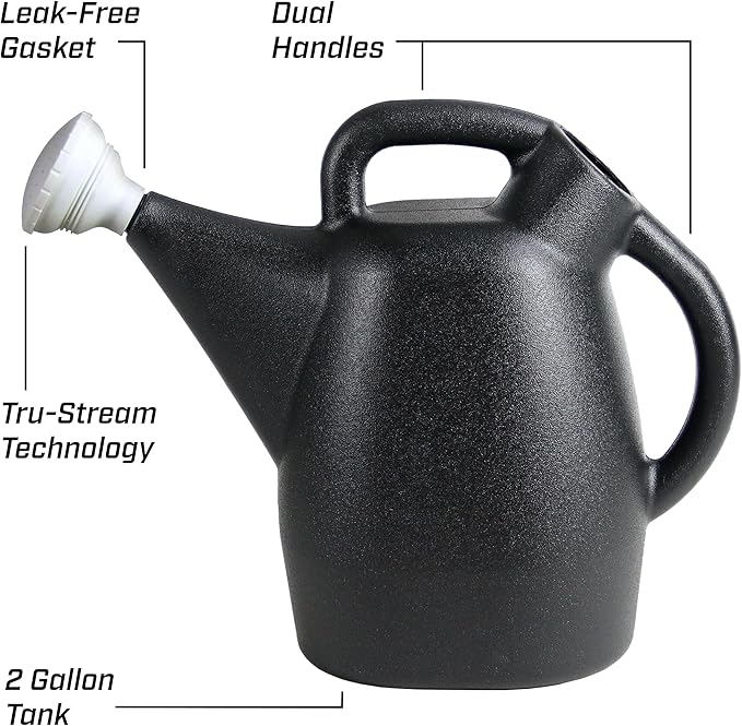 Chapin 47998 Watering Can, 2 Gallon, Indoor and Outdoor Plants, Lawn, Garden, Removable Nozzle, Drip-Free Sprinkler Head, Recycled Plastic, Black