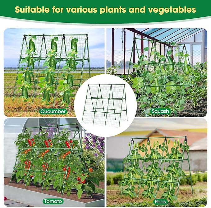 51" x 53" Cucumber Trellis for Raised Bed, A-Frame Garden Trellis for Climbing Plants Outdoor, Rust-Proof Metal Support for Tomato, Peas, Beans, Zucchini & Vines, with Netting & Clips