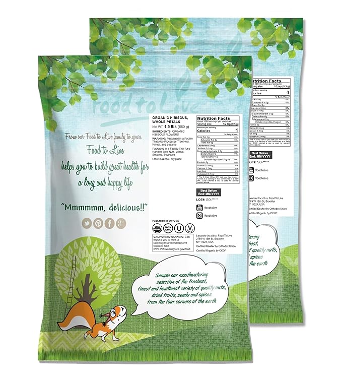 Food to Live Organic Hibiscus Flowers, 3 Pounds – Whole Petals. Great for Herbal Tea. Non-GMO. Caffeine-free. Good Source of Vitamin C. Bulk. Kosher