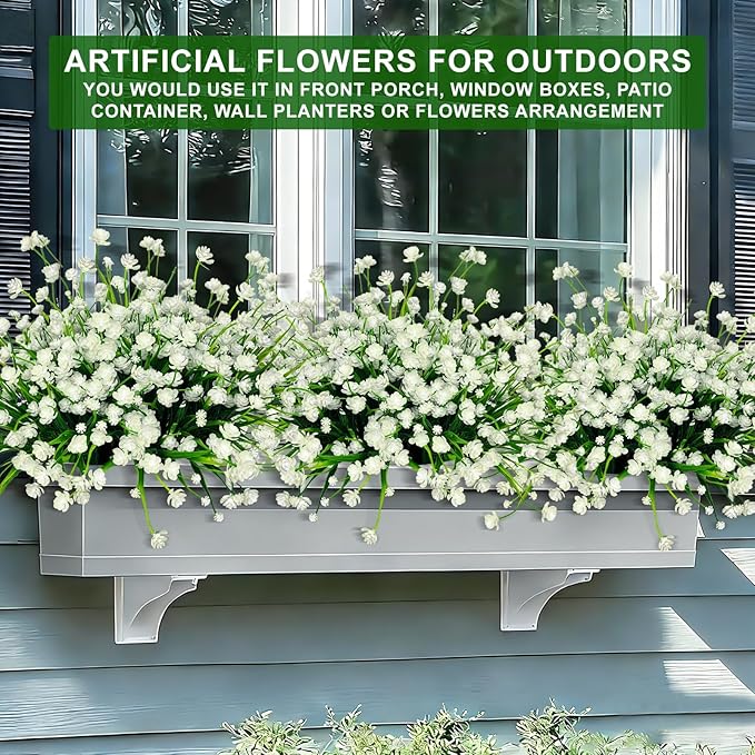 TURNMEON 20 Bundles Artificial Flowers for Outdoors,Spring Grass Camellia Fake Flowers Plastic Plants,UV Resistant No Fade Faux Greenery for Gardens Porch Planter Summer Cemetery Decor 500 Head(White)