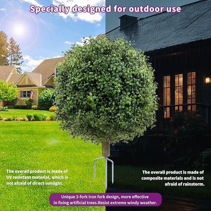 2 Pack Artificial Boxwood Topiary Ball Trees for Outdoors, 27" Faux Boxwood Topiary Bush with Metal Ground Spike UV Resistant Realistic Evergreen for Front Porch, Garden, Yard & Balcony Decor