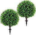 Artificial Green Eucalyptus Topiary Ball Tree 24" with Ground Spike, Set of 2 Artificial Boxwood Bushes for Faux Shrubs, Fake Evergreen Faux Plant for Indoor Outdoor Garden -UV Resistant–Fade-Proof