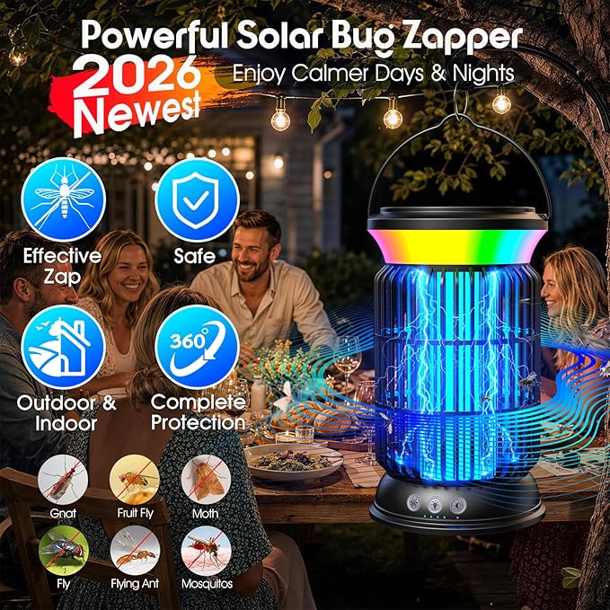 Solar Bug Zapper Outdoor – Powerful Electric Bug Zapper with 4-in-1 Modes, Cordless & Rechargeable Insect Zapper, IP66 Waterproof Mosquito Zapper for Camping & Indoor Use