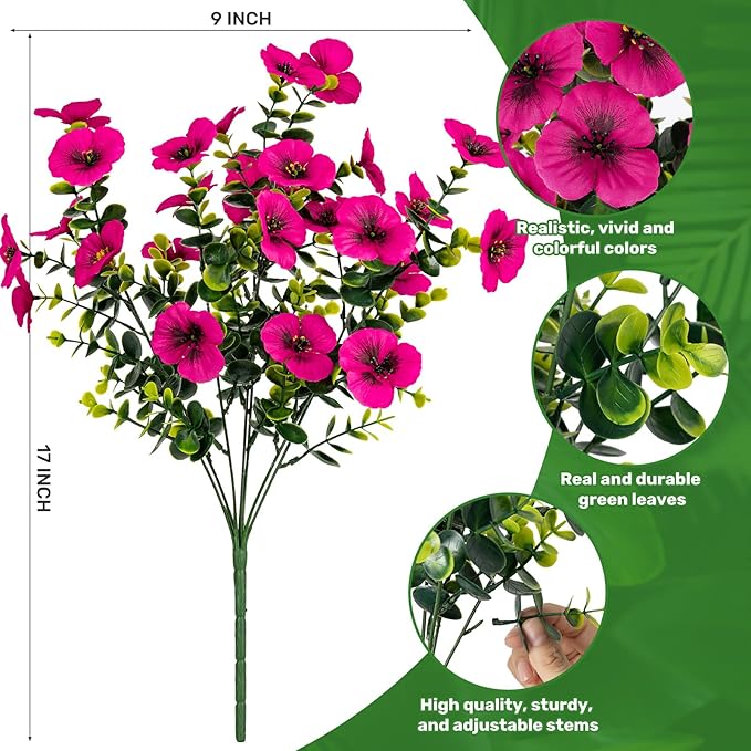 17 Inch Artificial Faux Pansy Flowers for Outdoor,Fake Pansies Flowers with Eucalyptus Leaves Fake Plants Greenery Boxwood Porch Patio Decor 6 Bundles(White,Rose White,Rose Red)