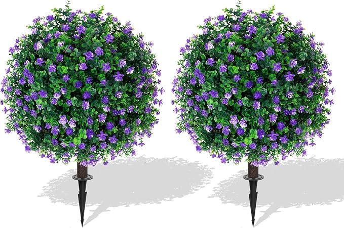Artificial Purple Flower Topiary Ball Trees with Ground Spike, Set of 2 UV Resistant Artificial Shrubs, Fake Evergreen Artificial Plant Bushes for Indoor Outdoor Front Porch Garden