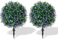 Artificial Purple Flower Topiary Ball Trees with Ground Spike, Set of 2 UV Resistant Artificial Shrubs, Fake Evergreen Artificial Plant Bushes for Indoor Outdoor Front Porch Garden