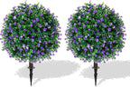 Artificial Purple Flower Topiary Ball Trees with Ground Spike, Set of 2 UV Resistant Artificial Shrubs, Fake Evergreen Artificial Plant Bushes for Indoor Outdoor Front Porch Garden