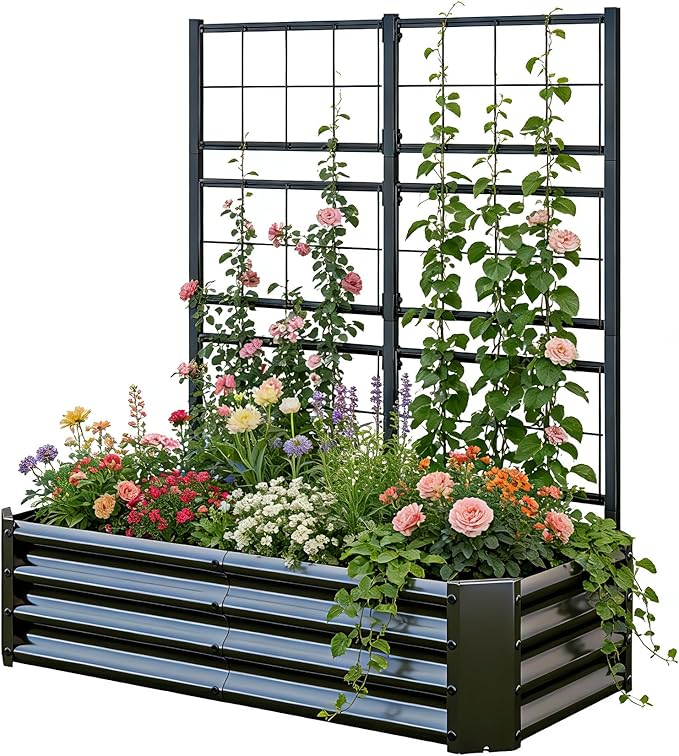 Galvanized Raised Garden Bed with Trellis for Climbing Plants Outdoor,Metal Vertical Garden Planter Box for Patio,Heavy Duty Elevated Garden Bed for Vegetables Tomatoes Cucumbers Flowers Herbs,Black